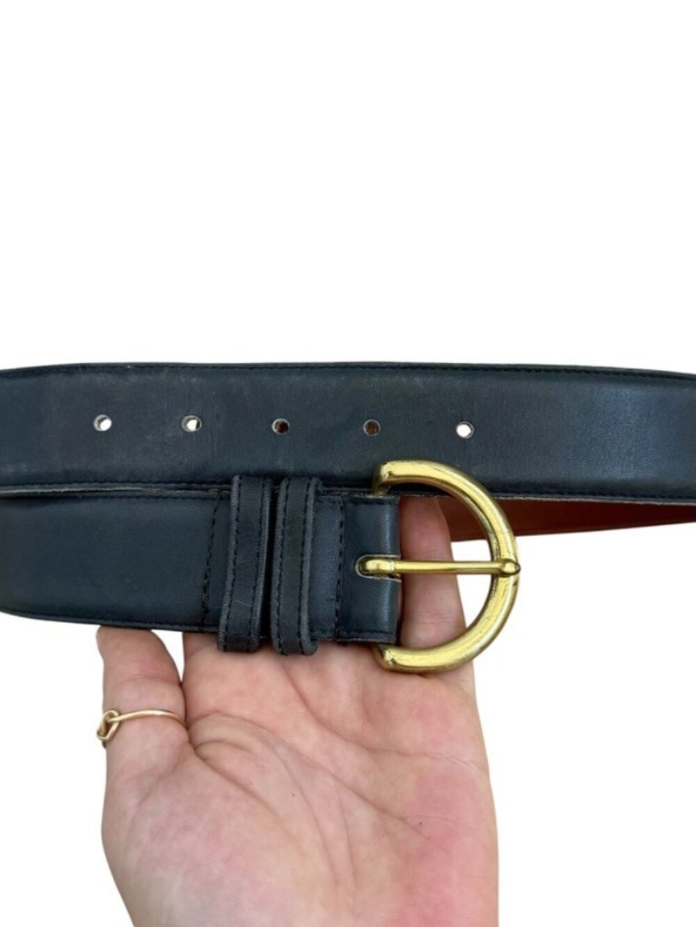 Vintage Coach Womens Dark Gray Leather Solid Brass Buckle Waist Belt Sz M